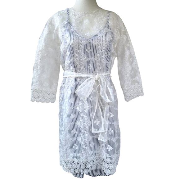 Sandro Paris Womens Dress Large Isabelle Floral Lace Mini Blue White Stripe EUC - Picture 4 of 15